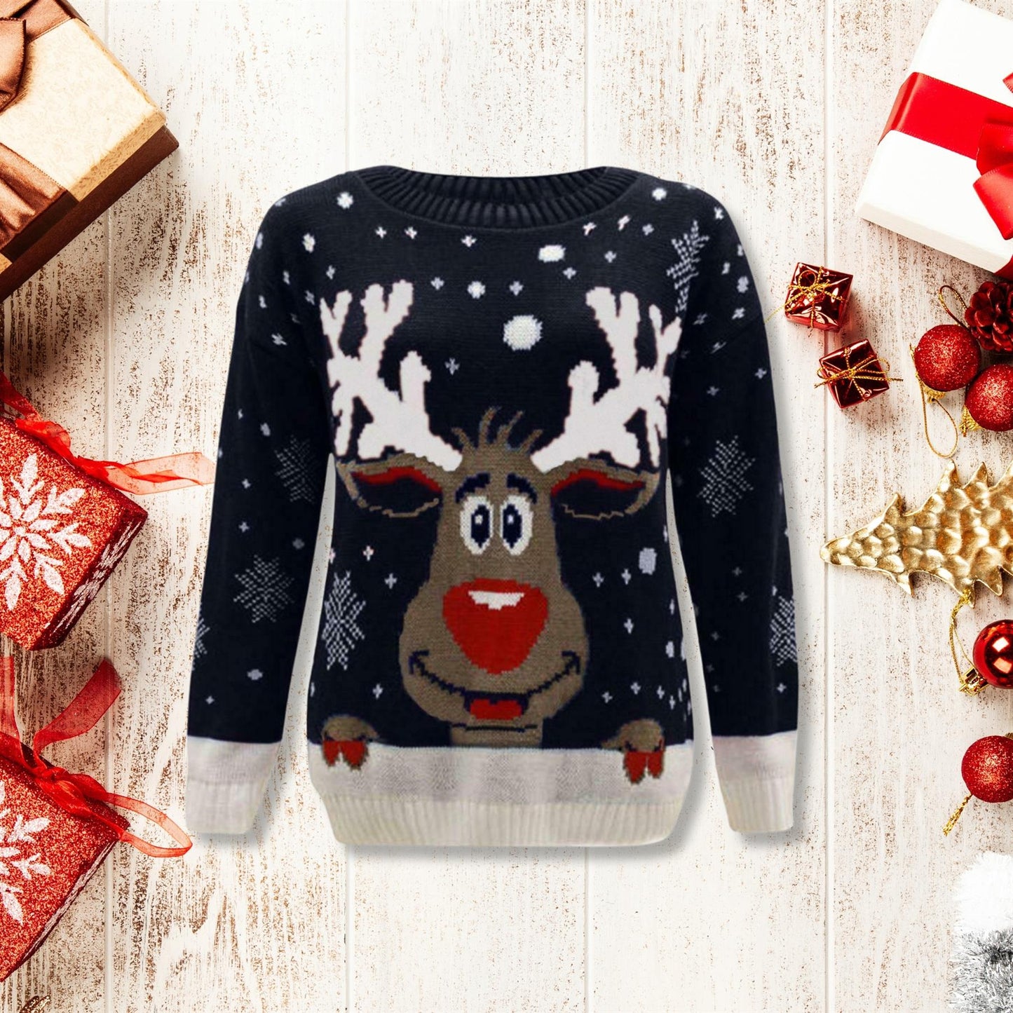Girls Boys Xmas Jumper Reindeer Rudolph Knitted Christmas Jumper Kids Sweater
