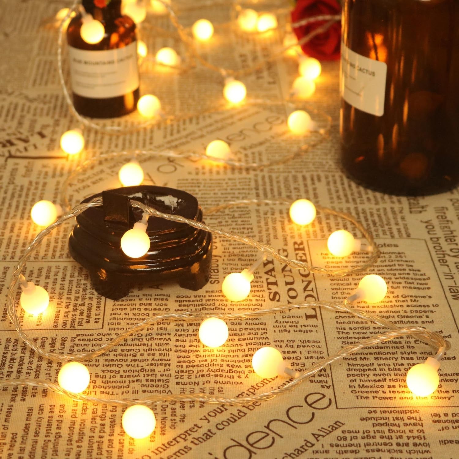 Globe String Lights, 15M/49Ft 100 LED Fairy Lights USB or Battery Powered, 8 Mod