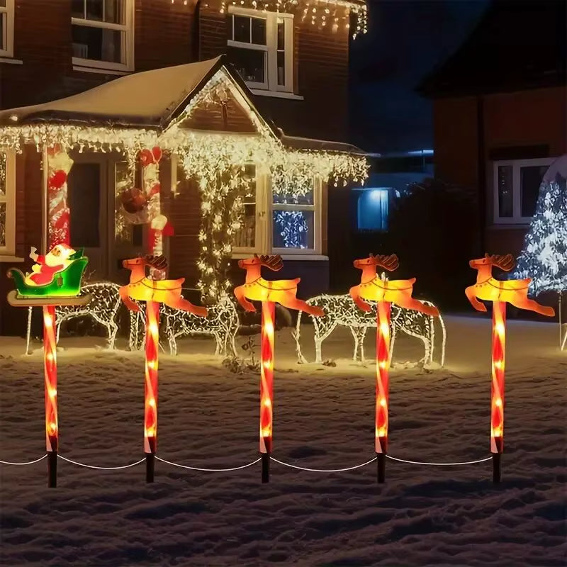 5Pcs/Set Solar Powered Garden Cane Lights,Snowman&Elk 8-Function Waterproof Decorative Lights, Christmas Candy Garden Lights