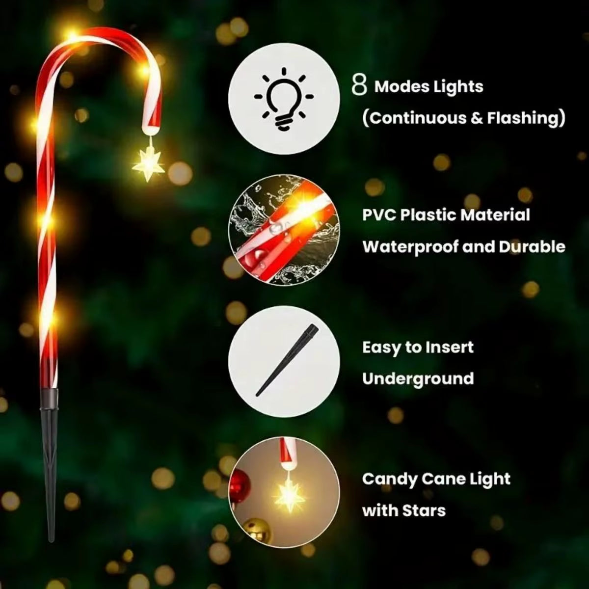 8Pcs/Set Solar Powered Garden Cane Lights, 8-Function Waterproof Decorative Lights, Christmas Candy Garden Lights