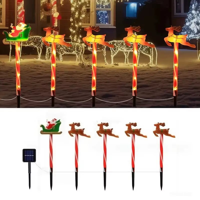 5Pcs/Set Solar Powered Garden Cane Lights,Snowman&Elk 8-Function Waterproof Decorative Lights, Christmas Candy Garden Lights