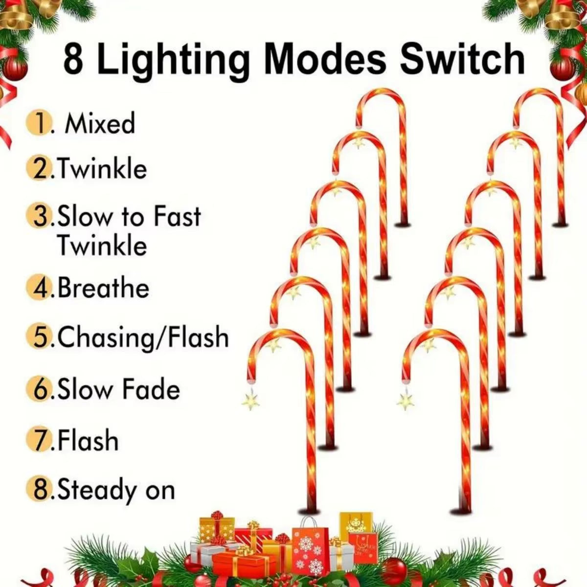 8Pcs/Set Solar Powered Garden Cane Lights, 8-Function Waterproof Decorative Lights, Christmas Candy Garden Lights