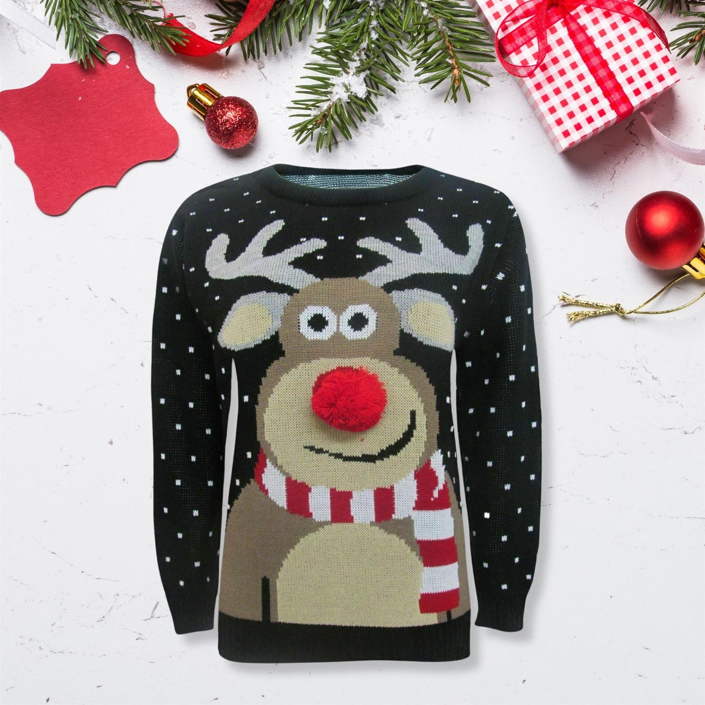 Kids 3D Pom Pom Rudolph Christmas Jumper Girls Boys Knitted Merry Xmas Sweater