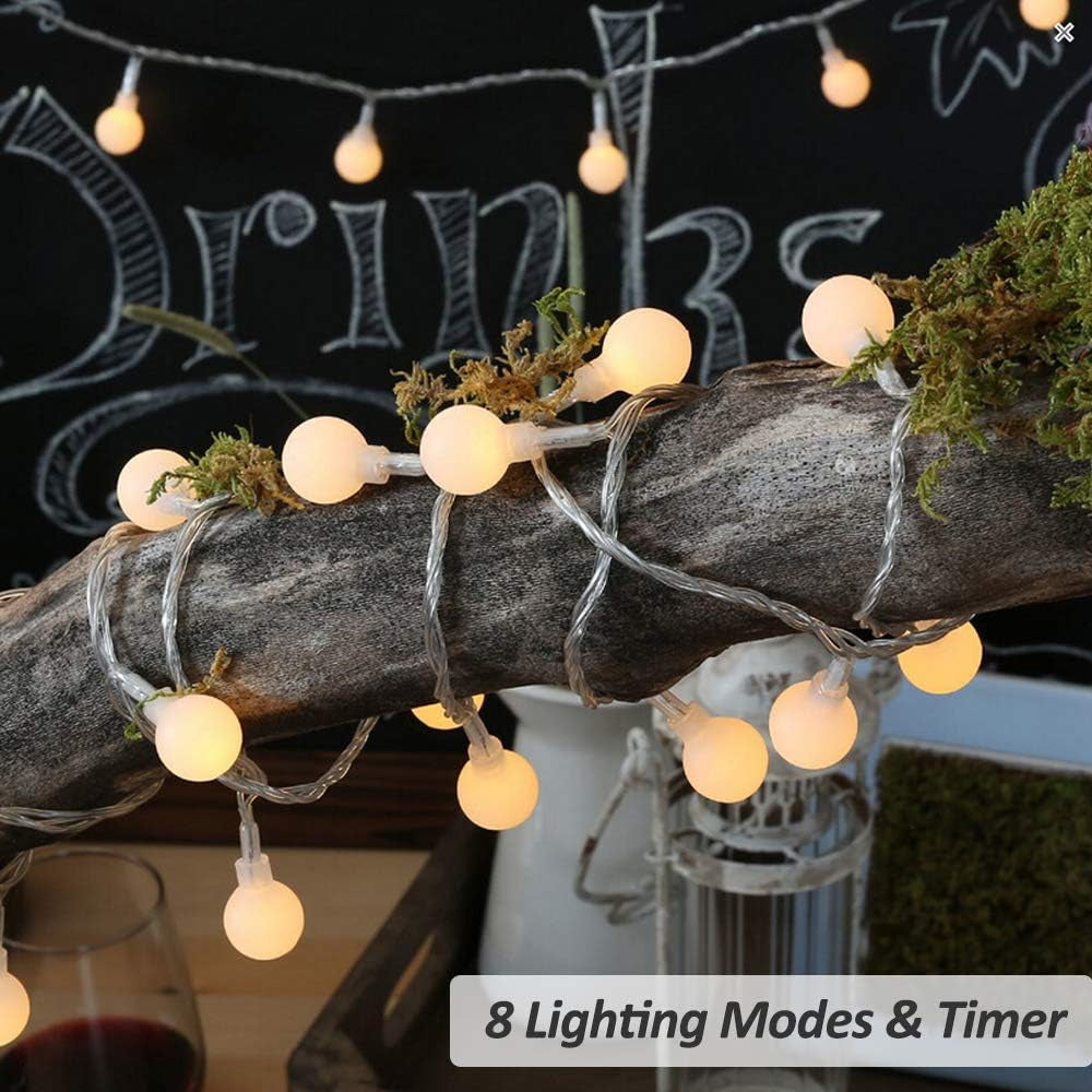 Globe String Lights, 15M/49Ft 100 LED Fairy Lights USB or Battery Powered, 8 Mod