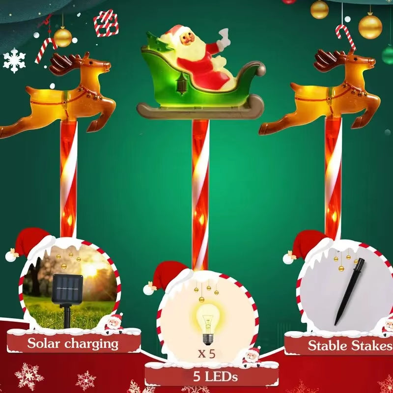 5Pcs/Set Solar Powered Garden Cane Lights,Snowman&Elk 8-Function Waterproof Decorative Lights, Christmas Candy Garden Lights