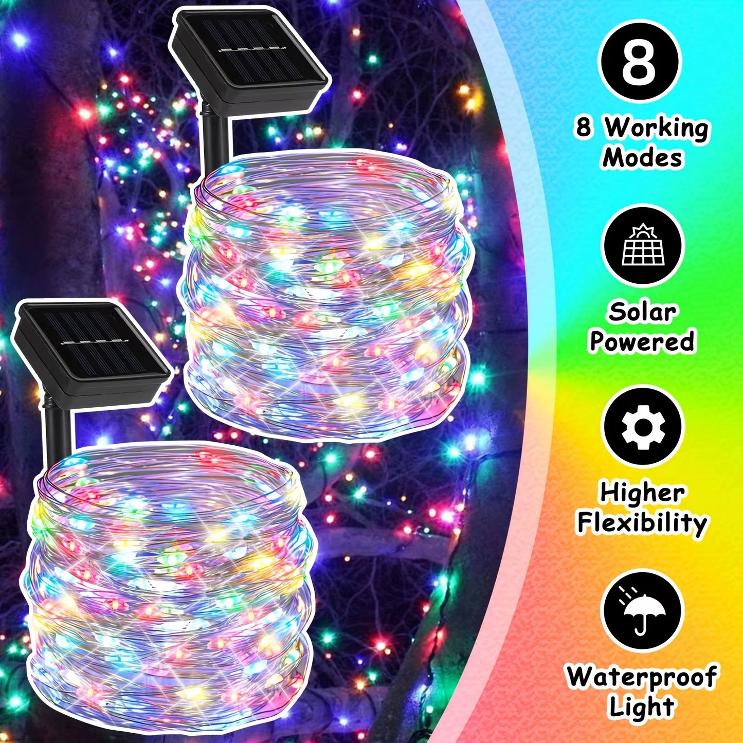 LED Solar String Lights Copper Wire Garland Light Waterproof Fairy Lights 8 Modes for Christmas Wedding Holiday Party Decoration