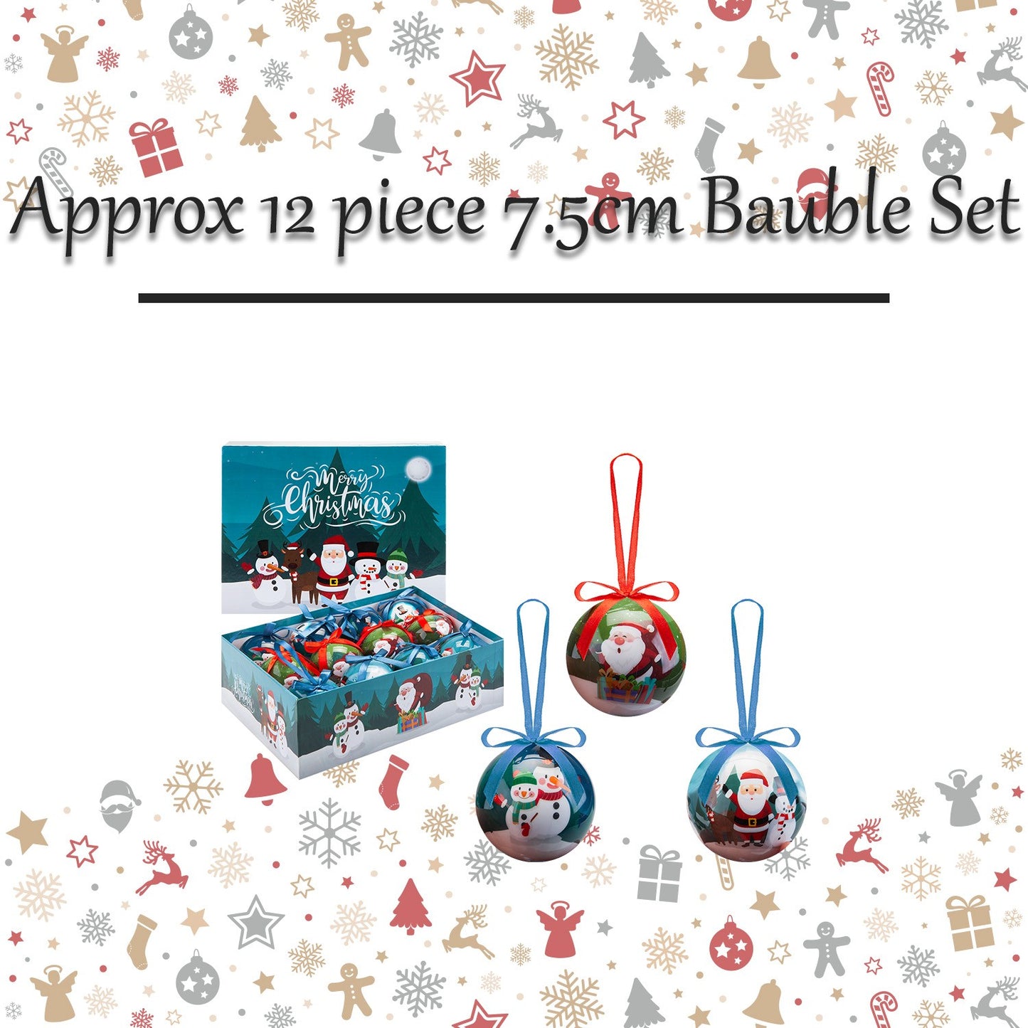 Christmas Bauble Decoration Fun Santa Boxed 12 Piece 7. 5Cm Bauble Set Santa
