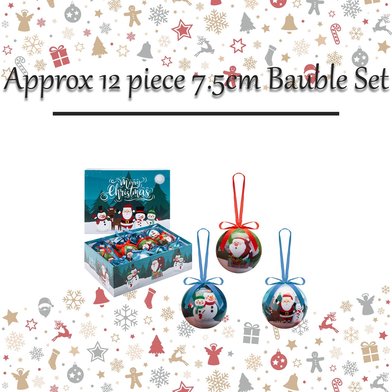Christmas Bauble Decoration Fun Santa Boxed 12 Piece 7. 5Cm Bauble Set Santa