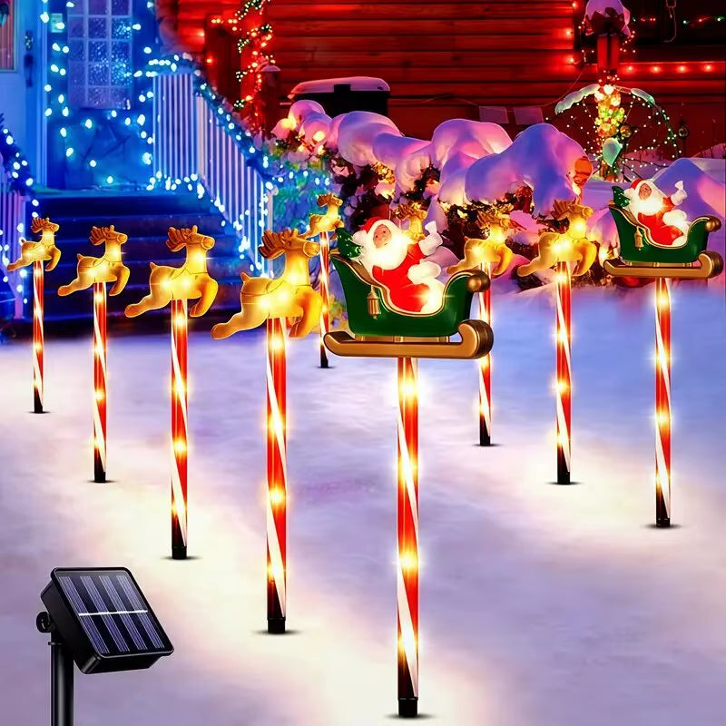 5Pcs/Set Solar Powered Garden Cane Lights,Snowman&Elk 8-Function Waterproof Decorative Lights, Christmas Candy Garden Lights