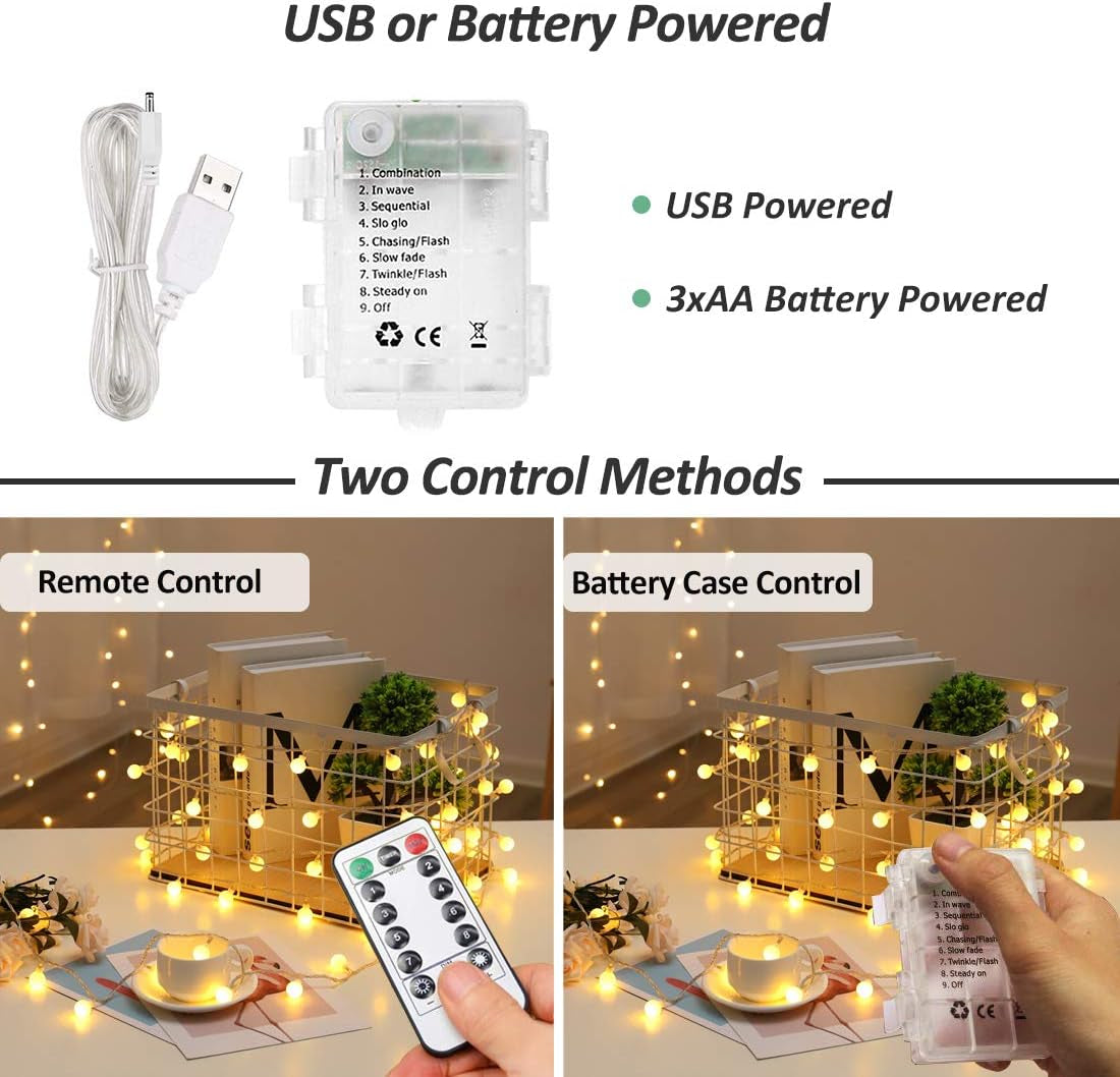 Globe String Lights, 15M/49Ft 100 LED Fairy Lights USB or Battery Powered, 8 Mod