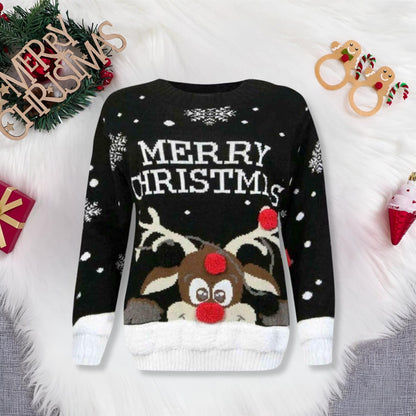 Kids 3D Pom Pom Rudolph Christmas Jumper Girls Boys Knitted Merry Xmas Sweater