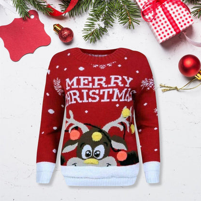 Kids 3D Pom Pom Rudolph Christmas Jumper Girls Boys Knitted Merry Xmas Sweater
