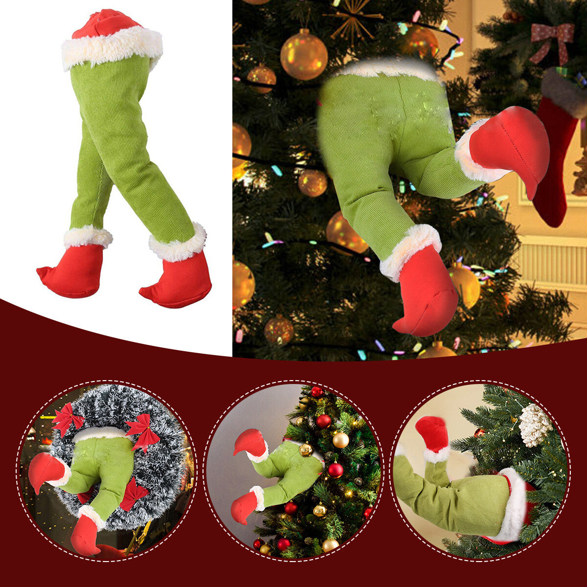 Christmas Grinch Elf Legs Ornament Stuffed Leg Xmas Tree Wreath Home Party Decor