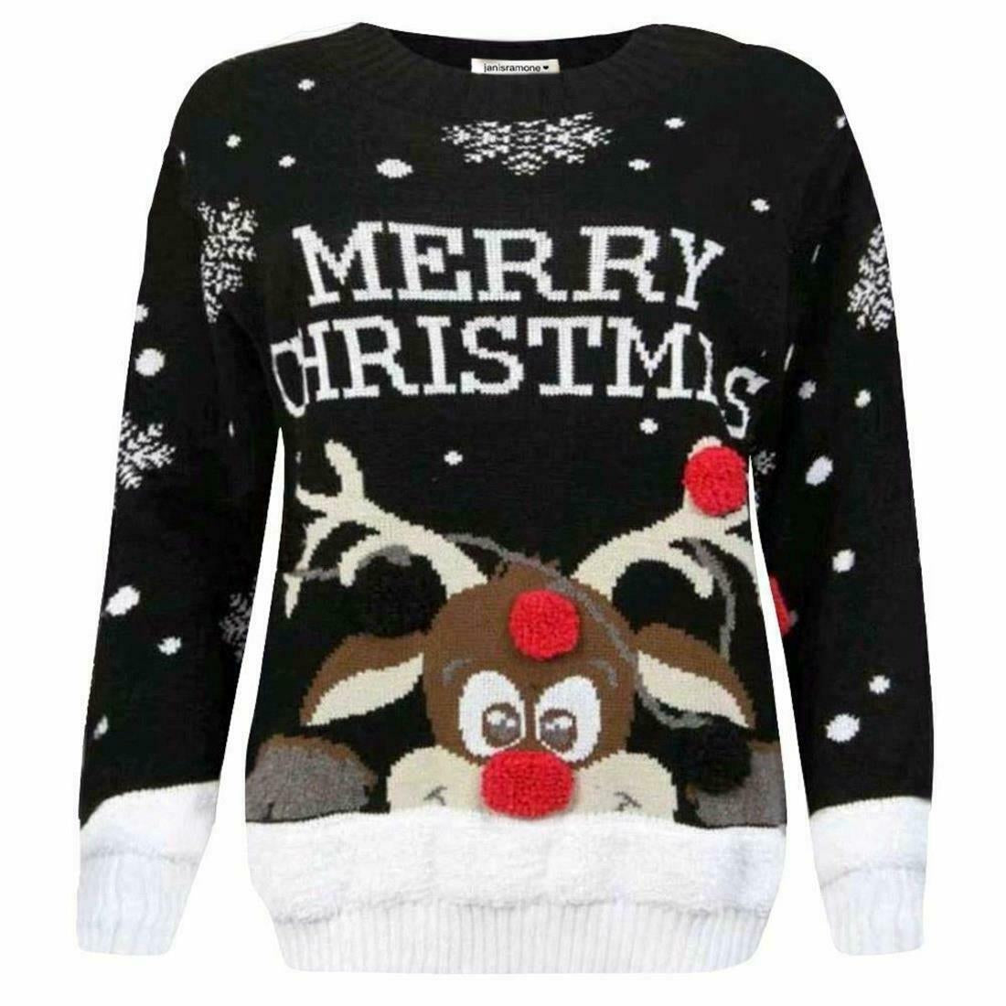 Kids 3D Pom Pom Rudolph Christmas Jumper Girls Boys Knitted Merry Xmas Sweater