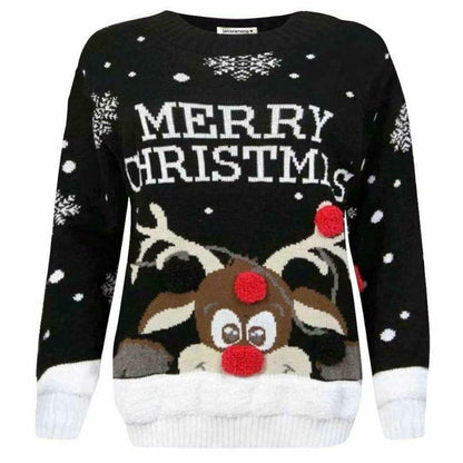 Kids 3D Pom Pom Rudolph Christmas Jumper Girls Boys Knitted Merry Xmas Sweater