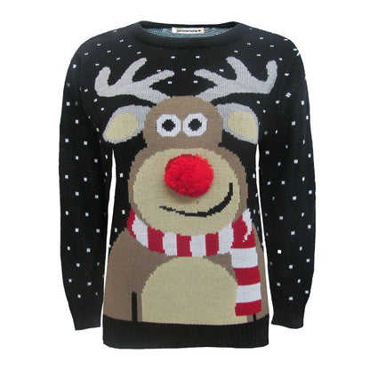 Kids 3D Pom Pom Rudolph Christmas Jumper Girls Boys Knitted Merry Xmas Sweater