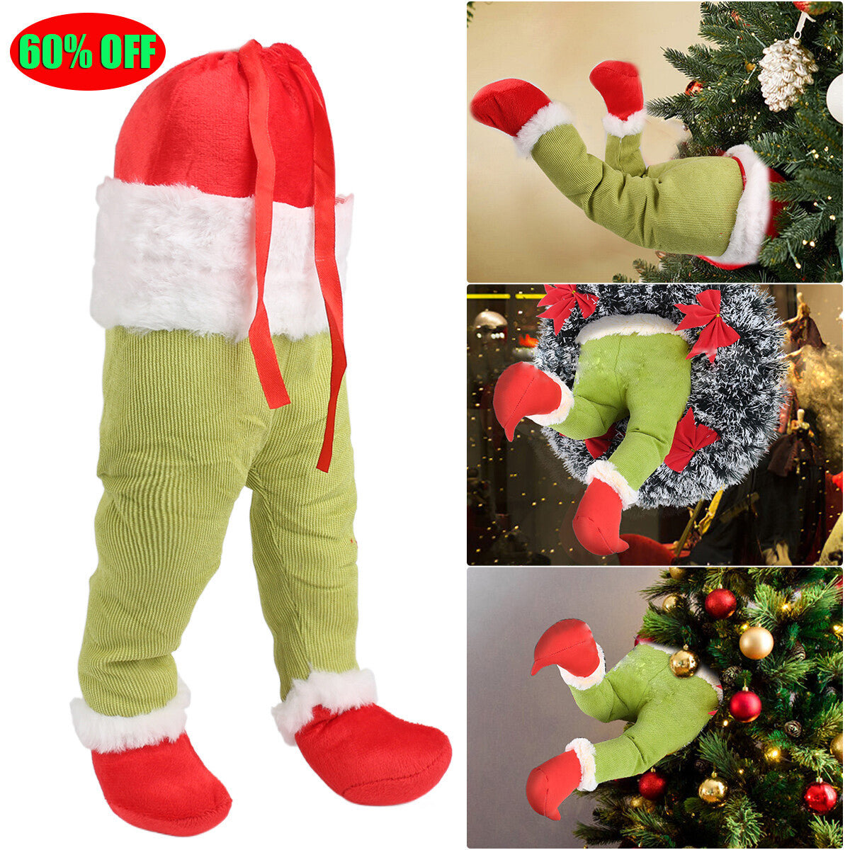 Christmas Grinch Elf Legs Ornament Stuffed Leg Xmas Tree Wreath Home Party Decor